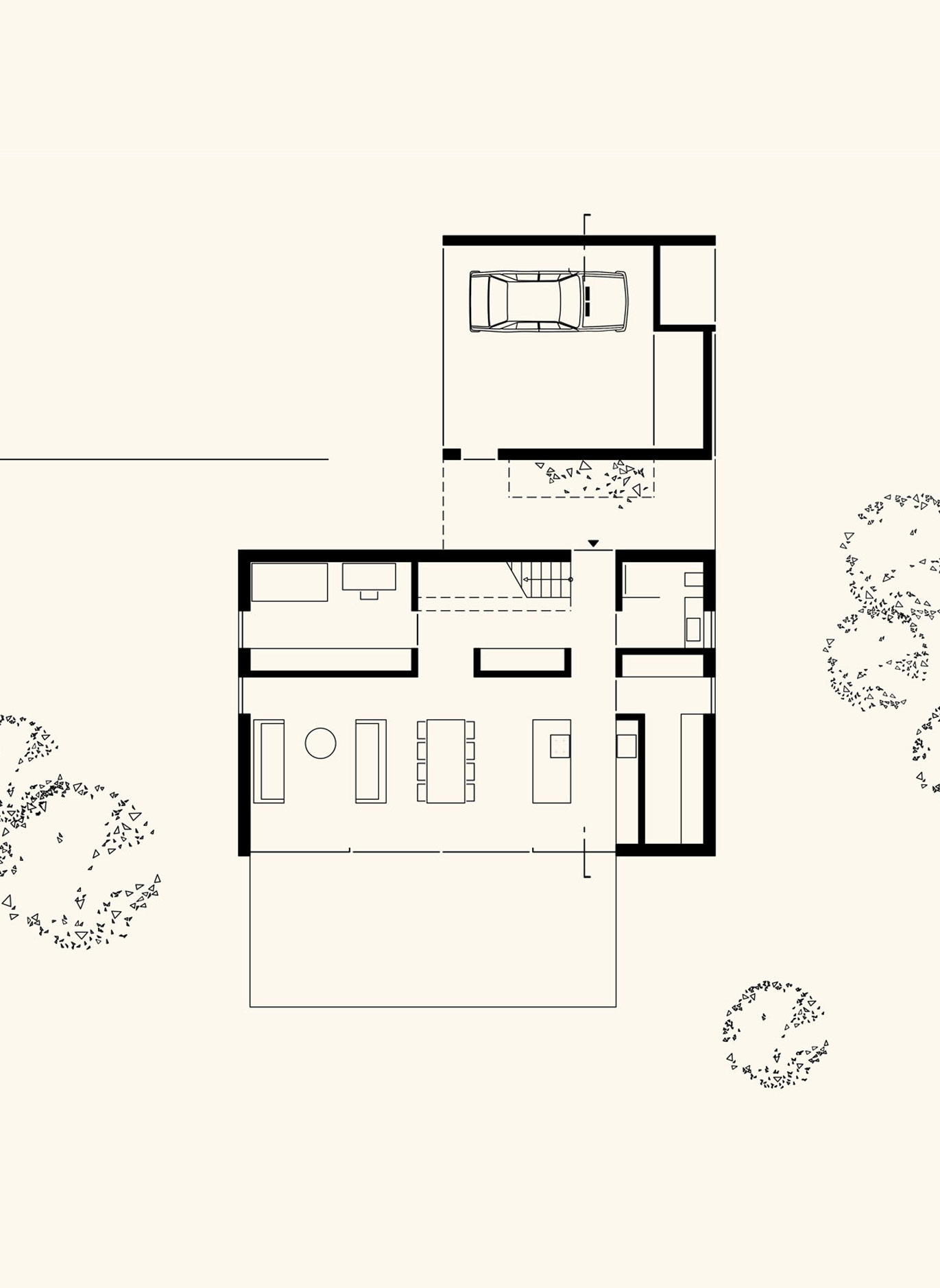 Architektonischer Grundriss des Erdgeschosses von Haus PF als Zeichnung