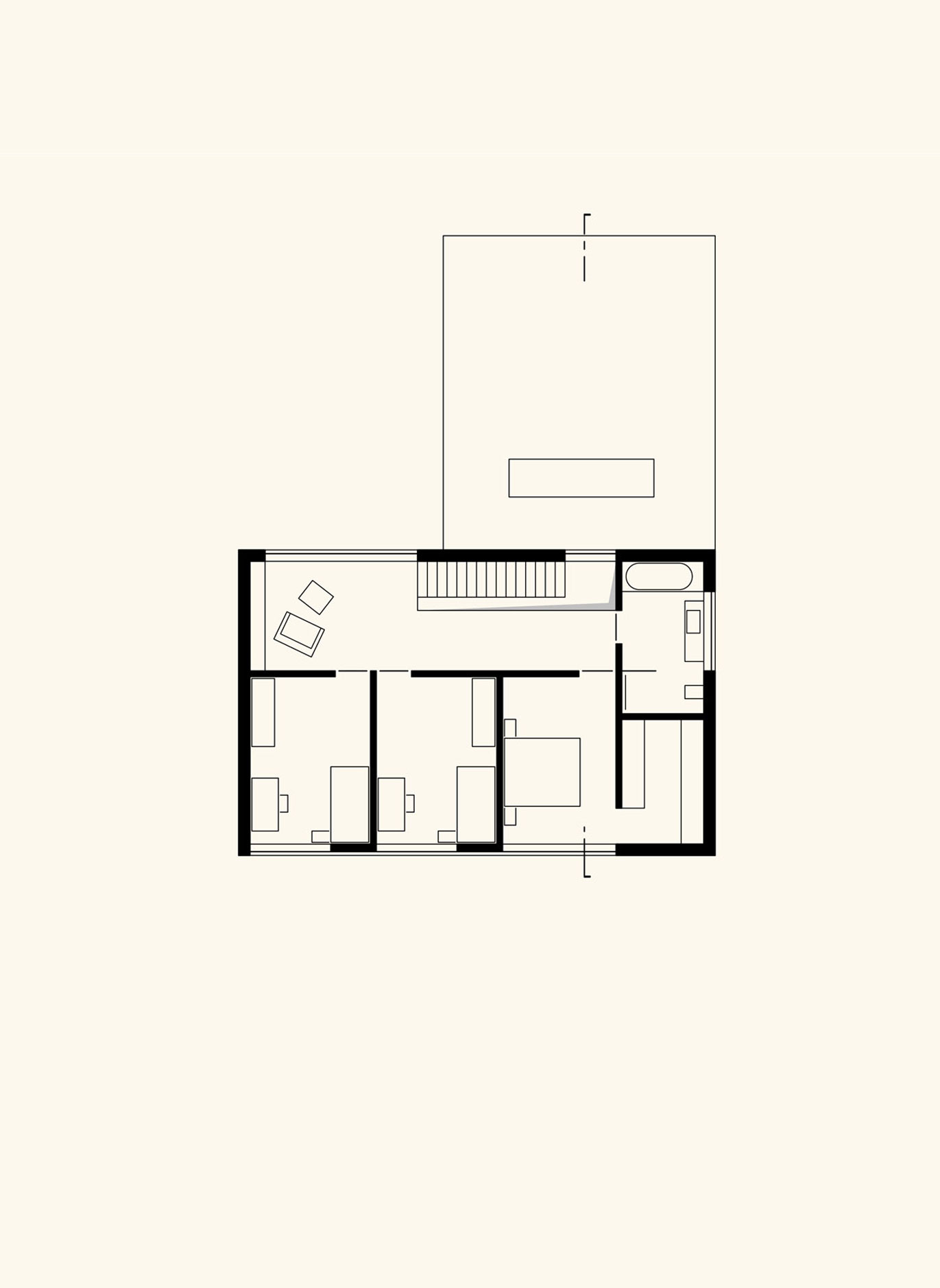 Architektonischer Grundriss des Obergeschosses von Haus PF als Zeichnung