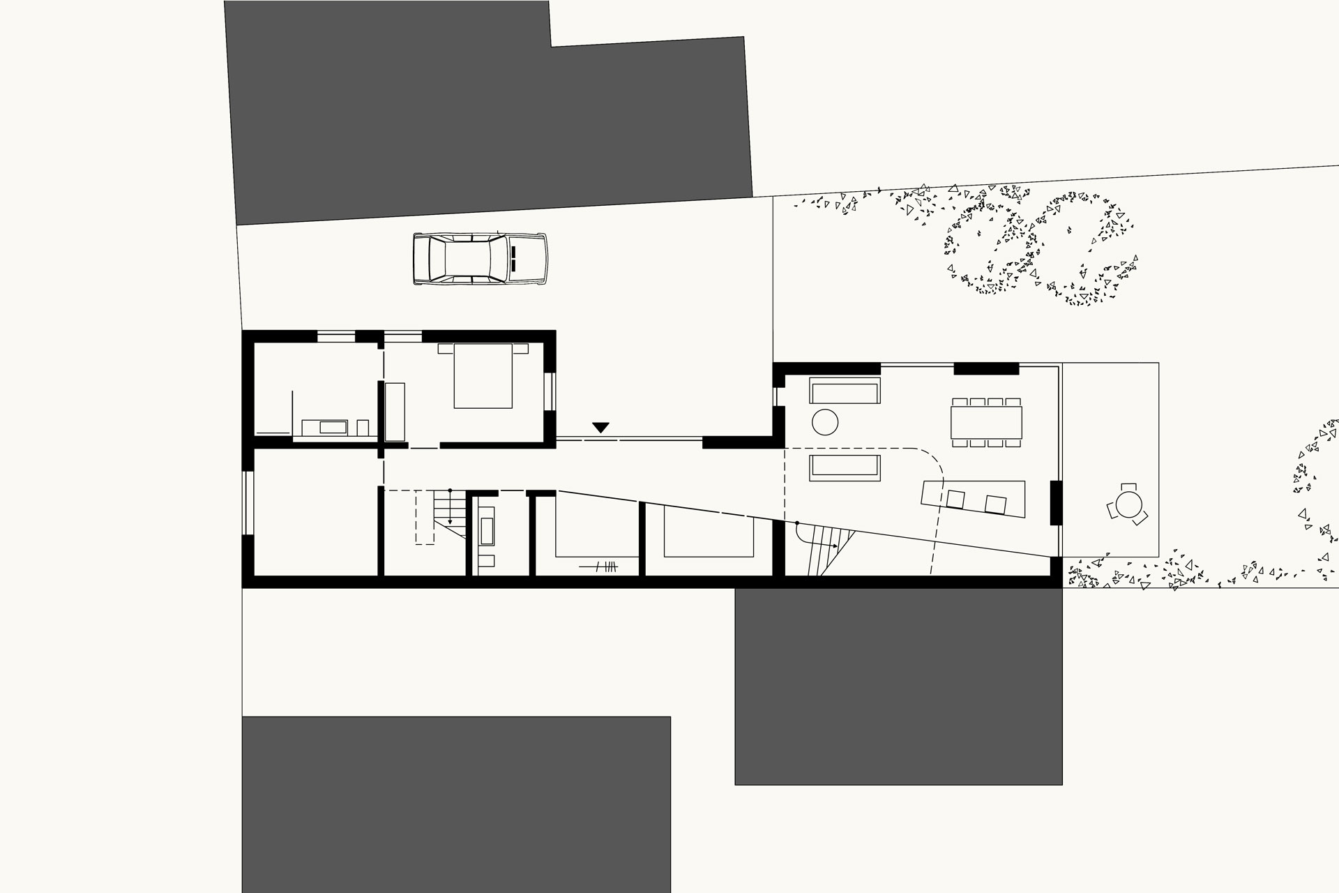 Erdgeschoss-Grundriss eines modernen Einfamilienhauses mit offenem Wohnbereich