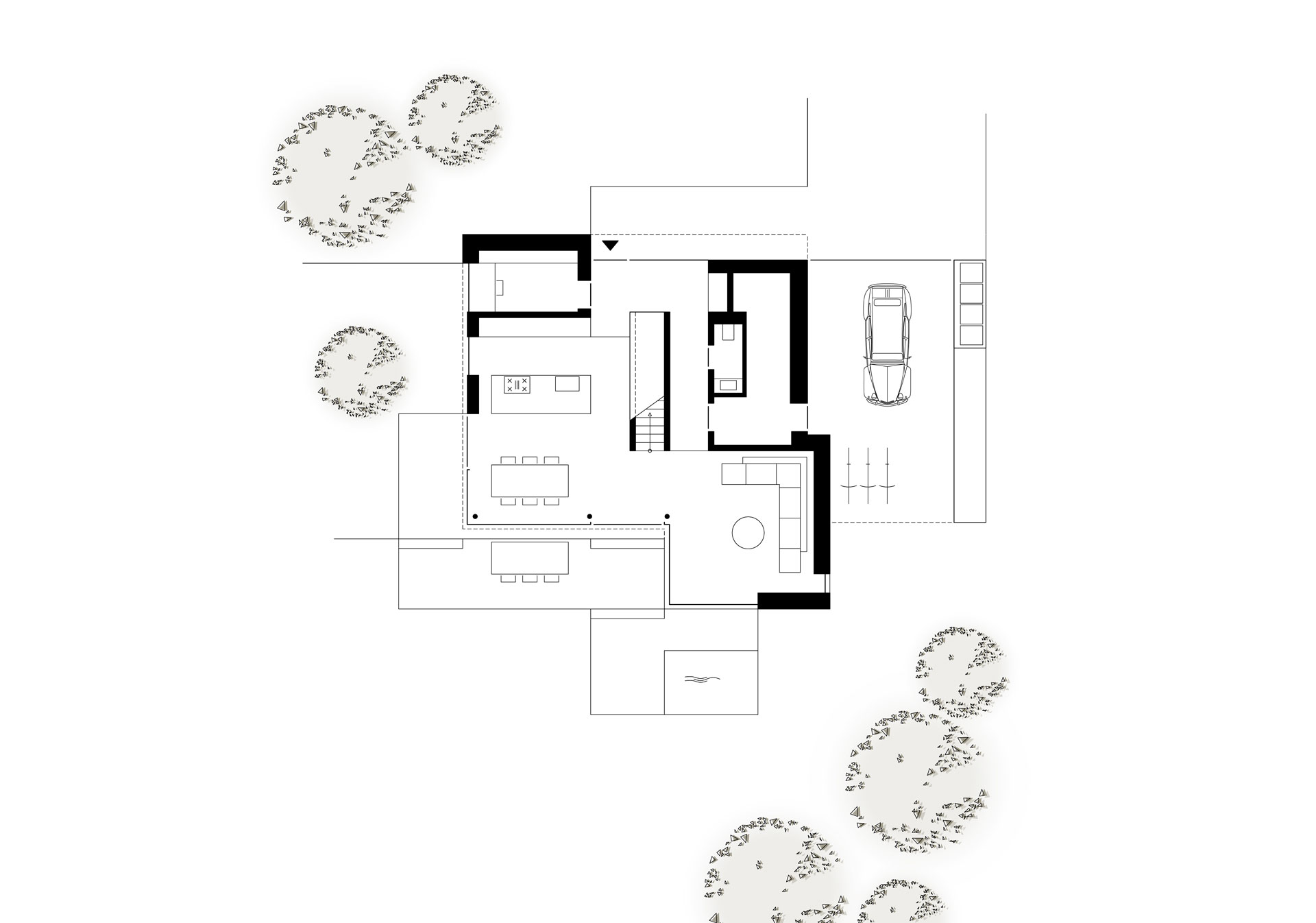 Architektonischer Grundriss des Erdgeschosses von Haus JJ mit großzügig angelegten Wohnbereichen und direktem Zugang zum Außenraum.