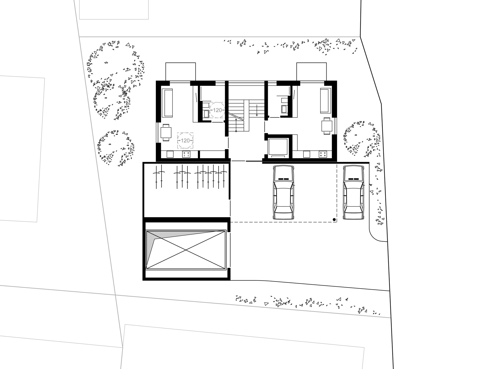 Grundriss des Erdgeschosses von Haus LT mit zwei kompakt gestalteten Mikroapartments und zentralem Erschließungsbereich.