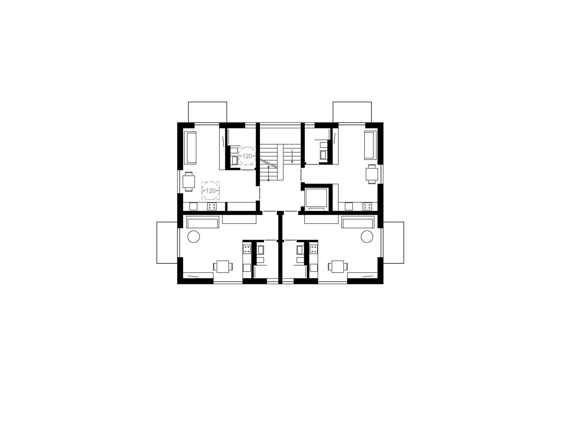 Grundriss des Obergeschosses von Haus LT in Wiesbaden mit vier Mikroapartments, jeweils mit Balkon und Zugang über Aufzug und Treppenhaus.