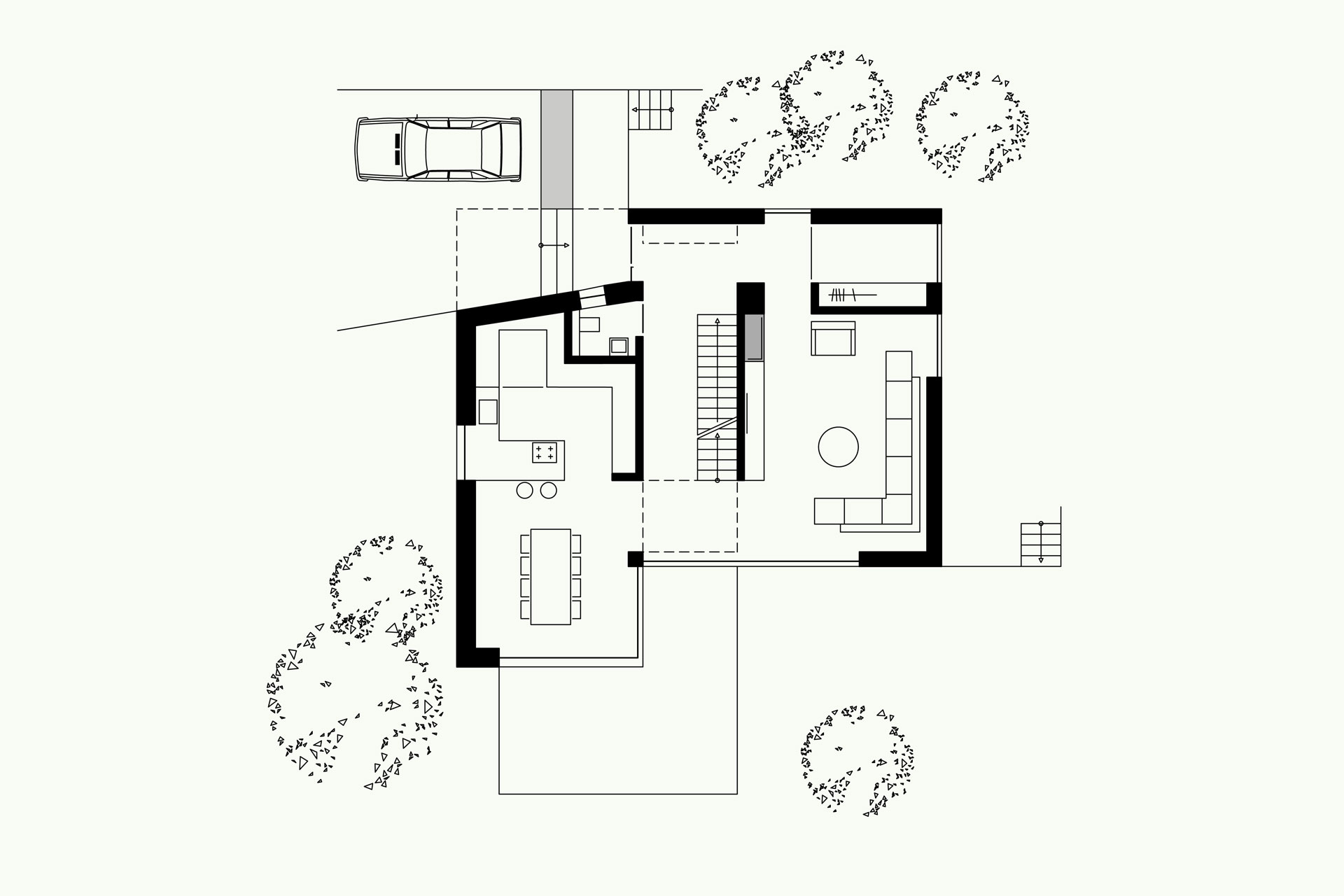 Grundriss des Erdgeschosses von Haus MO mit getrennten Wohn- und Essbereichen, zentralem Treppenraum und direktem Terrassenzugang.
