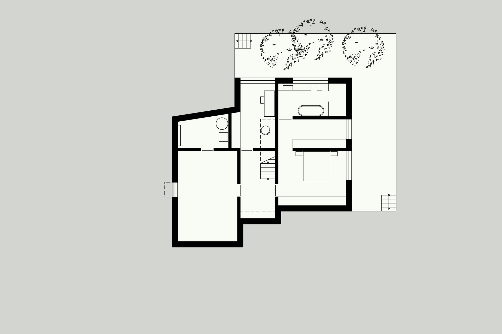Grundriss des Untergeschosses von Haus MO mit Schlafzimmer, Bad, Garderobe und Homeoffice.