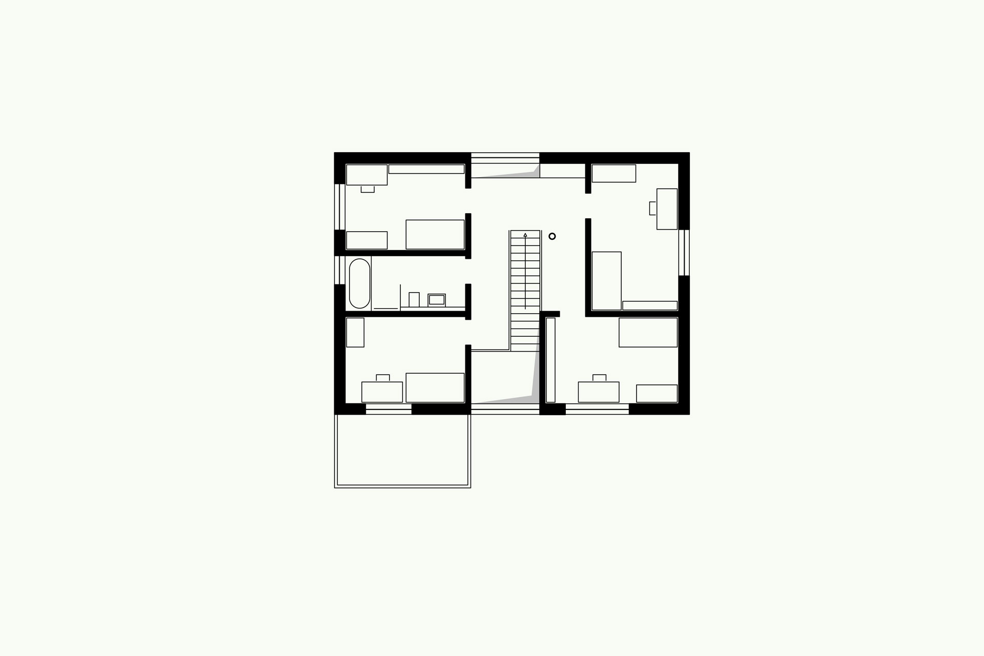 Grundriss des Obergeschosses von Haus MO mit vier Kinderzimmern und einem gemeinsamen Badezimmer.