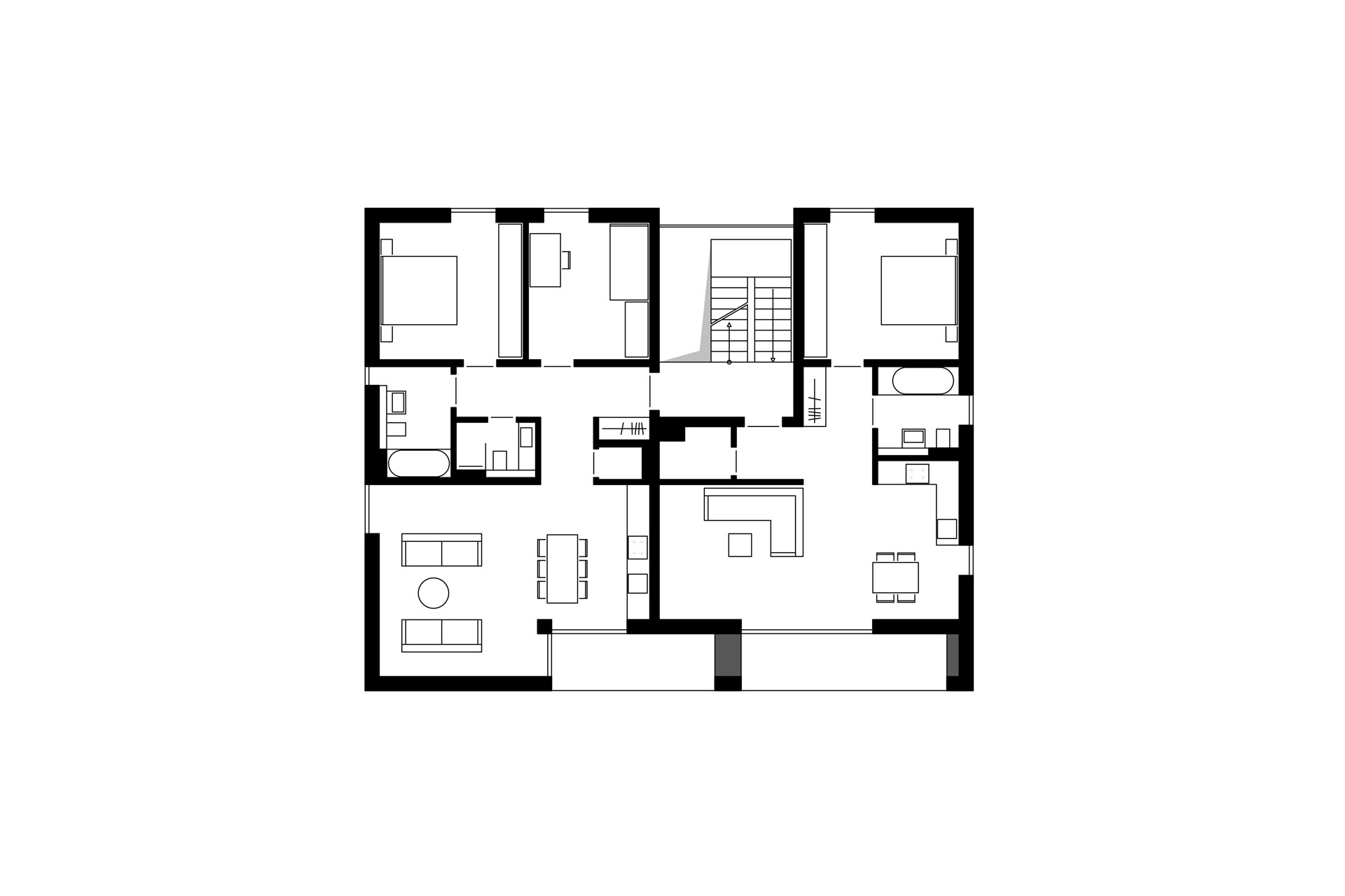Grundriss Obergeschoss Haus TH1 mit 3-Zimmer- und 2-Zimmer-Wohnung