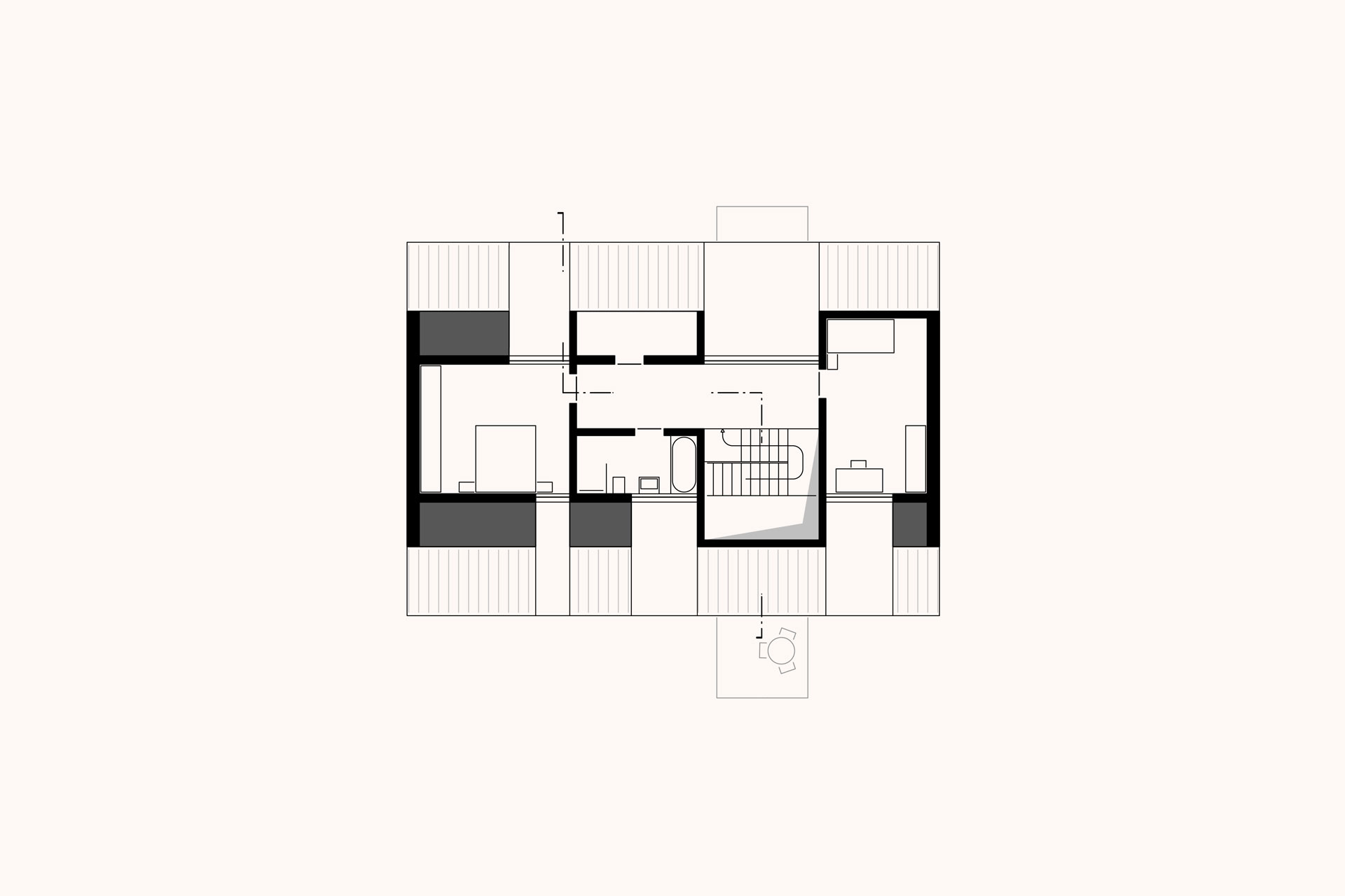 Grundriss des Dachgeschosses einer Maisonettewohnung von Haus TH3 mit privaten Rückzugsbereichen