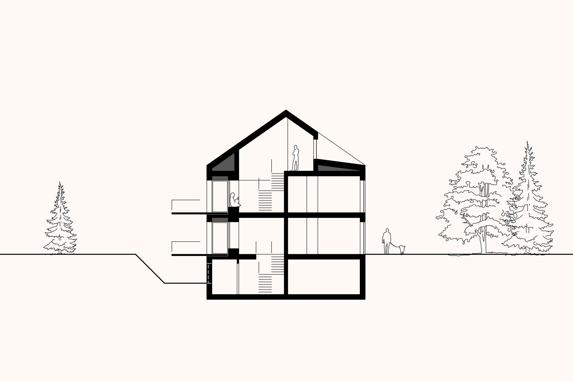 Schnitt durch Haus TH3 mit zwei Vollgeschossen, Maisonette-Wohnungen über Erdgeschoss und Untergeschoss sowie Obergeschoss und Dachgeschoss