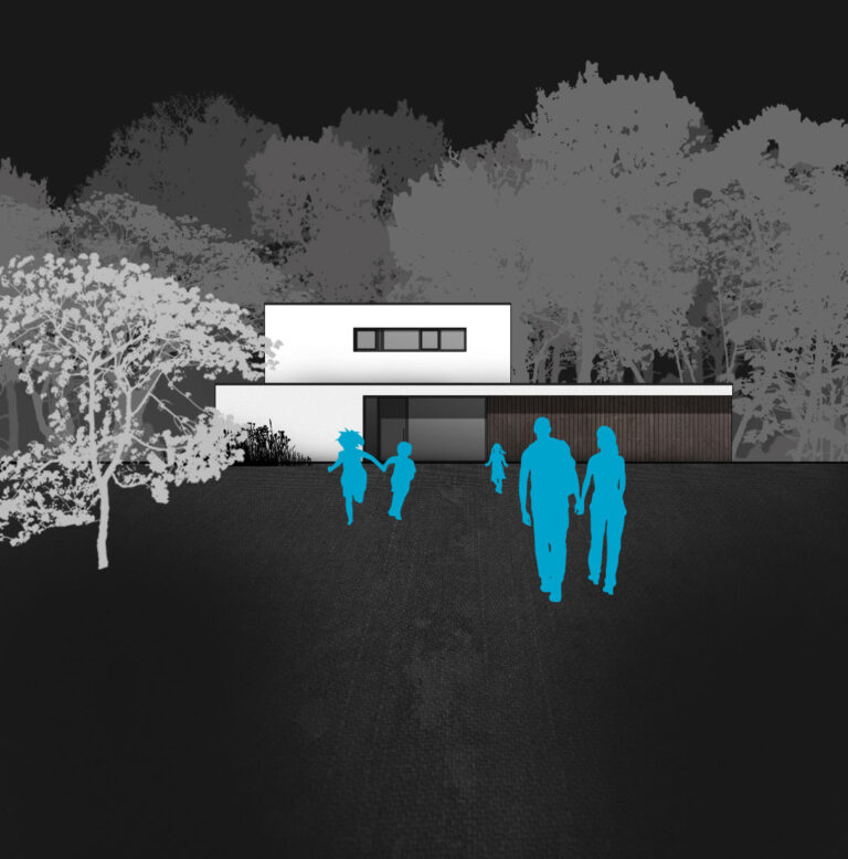 Architekturzeichnung eines modernen Einfamilienhauses in Holzbauweise, Straßenansicht in Bürgstadt.