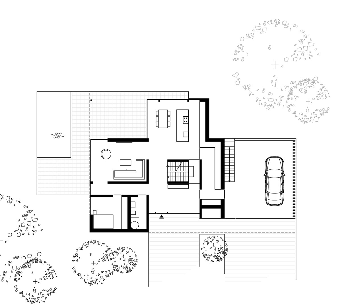 Architekturzeichnung des Erdgeschoss-Grundrisses eines modernen Einfamilienhauses mit offenem Wohnbereich, Pool und Außenbereich.