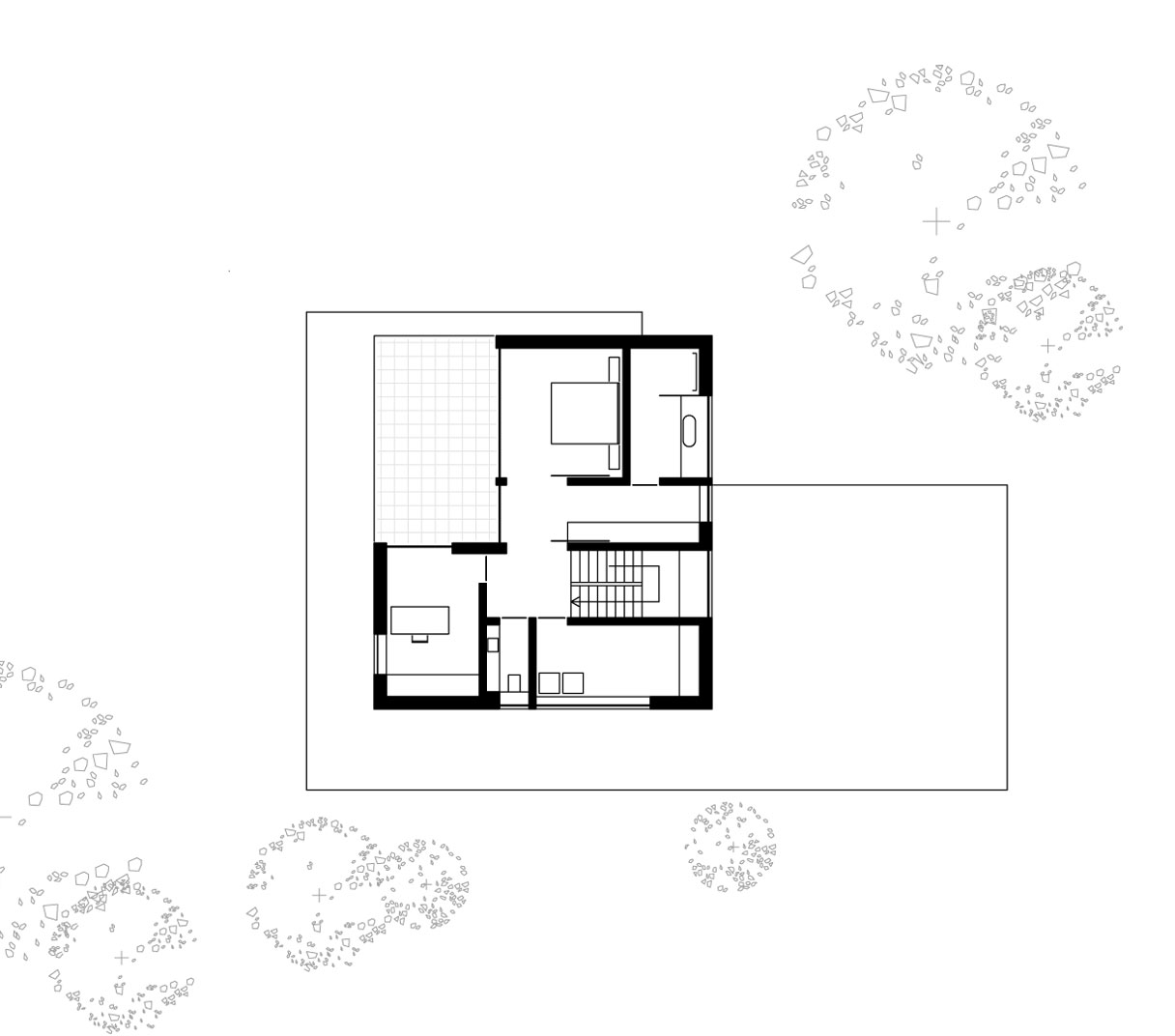 Architekturzeichnung des Obergeschoss-Grundrisses eines modernen Einfamilienhauses mit Schlafzimmer, Arbeitszimmer und Dachterrasse.