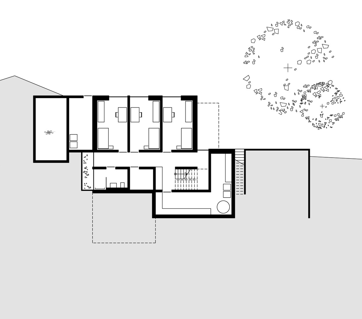 Architekturzeichnung des Untergeschoss-Grundrisses eines modernen Einfamilienhauses mit eigener Ebene für Kinder