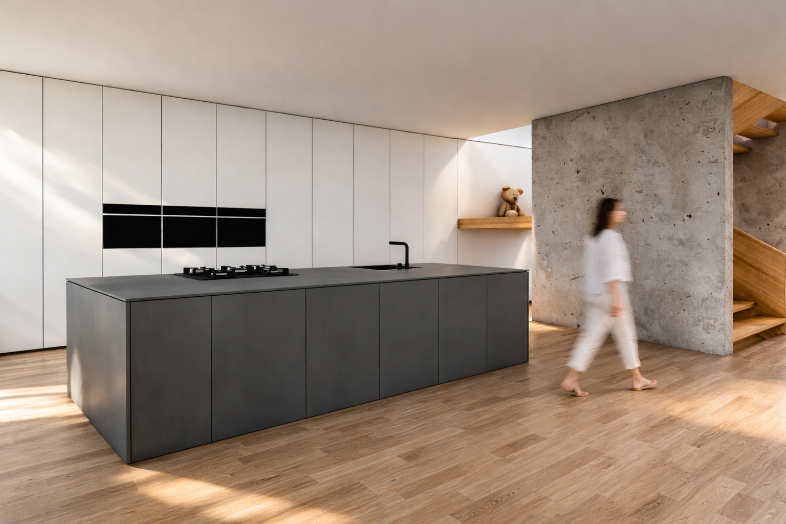 Moderne Küche im Haus NV, Bürgstadt mit Kochinsel und Betonwand