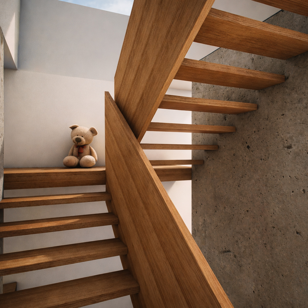 Holztreppe mit Podest im Haus NV in Bürgstadt zwischen Betonwänden