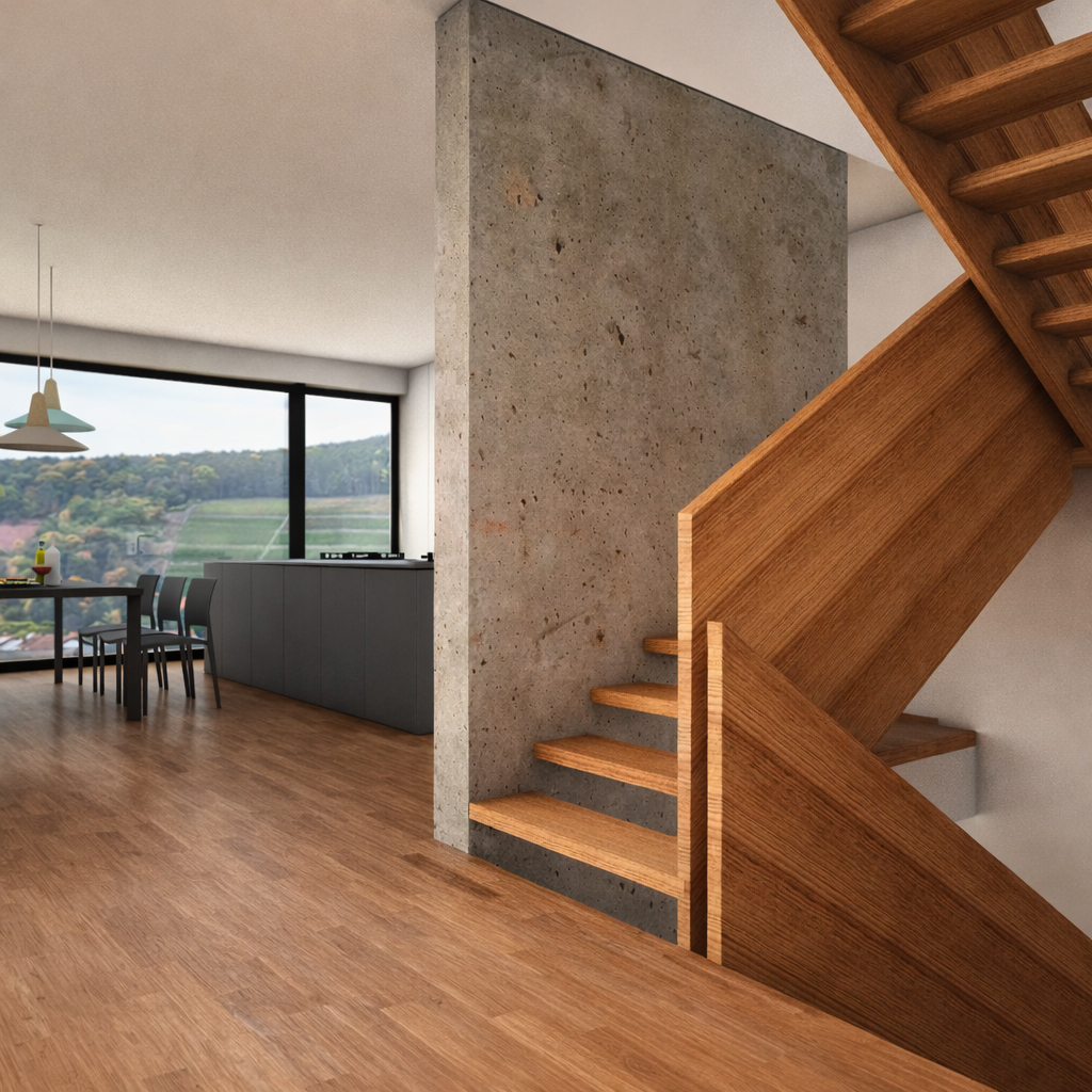 Offene Holztreppe im Haus NV Bürgstadt im offenen Wohnbereich