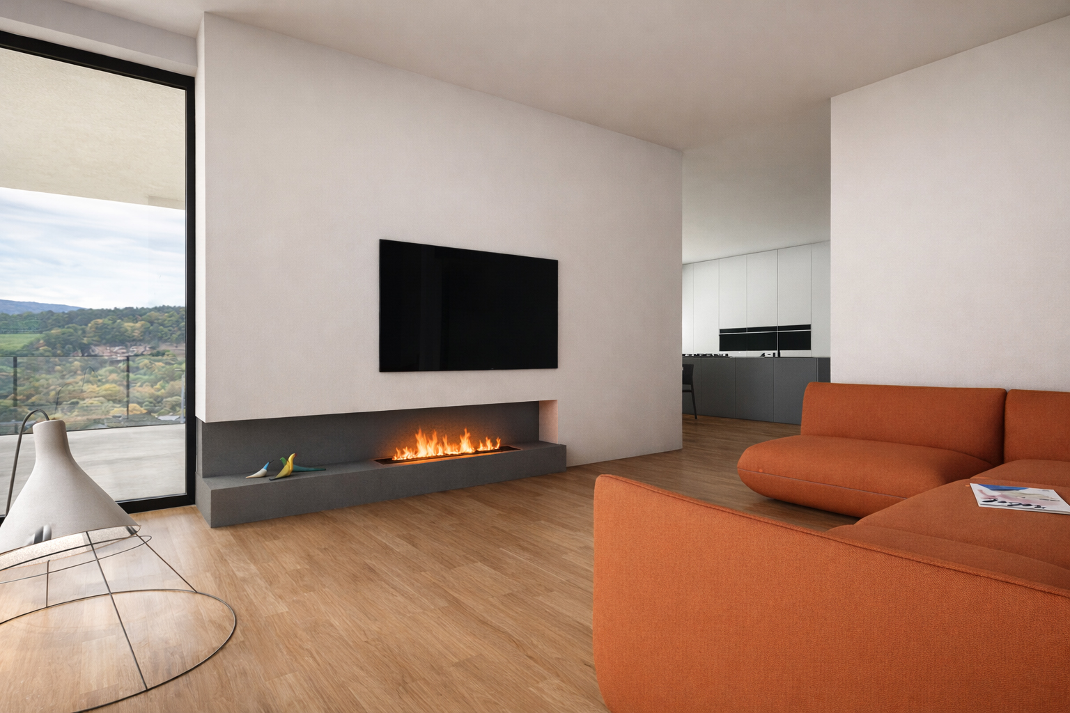 Modernes Wohnzimmer im Haus NV in Bürgstadt mit Kamin und Panoramafenster